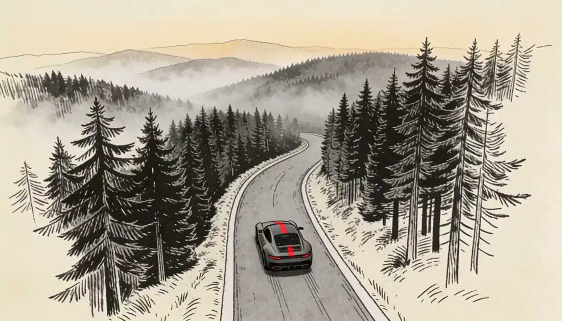 Illustration: Coupé auf einer Schwarzwaldstraße zwischen Tannen