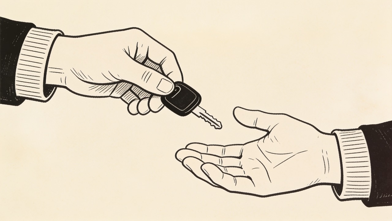 Illustration: ein Autoschlüssel wird von einer Hand in eine andere gelegt